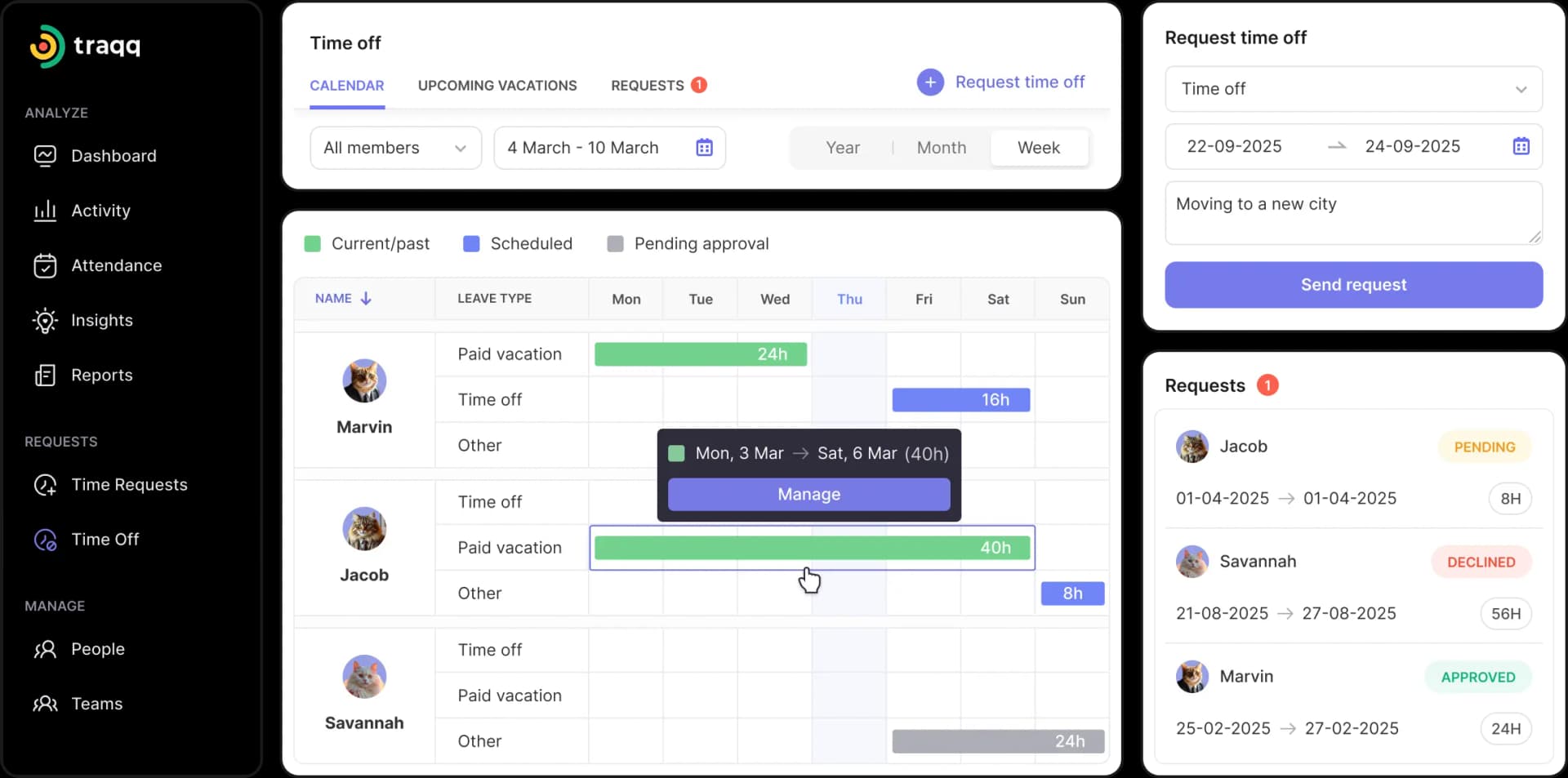 Simplify leave tracking with a complete solution that logs PTO and time off accurately. Track work and manage team availability in one place.