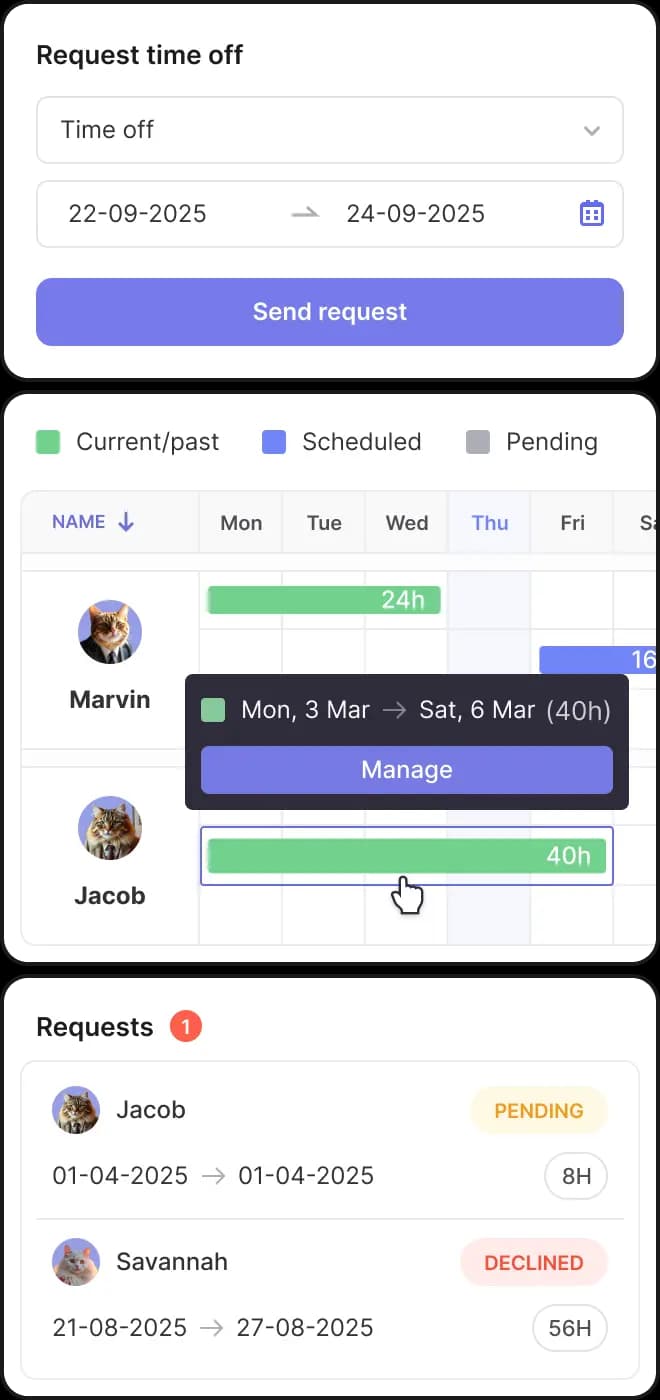 Simplify leave tracking with a complete solution that logs PTO and time off accurately. Track work and manage team availability in one place.