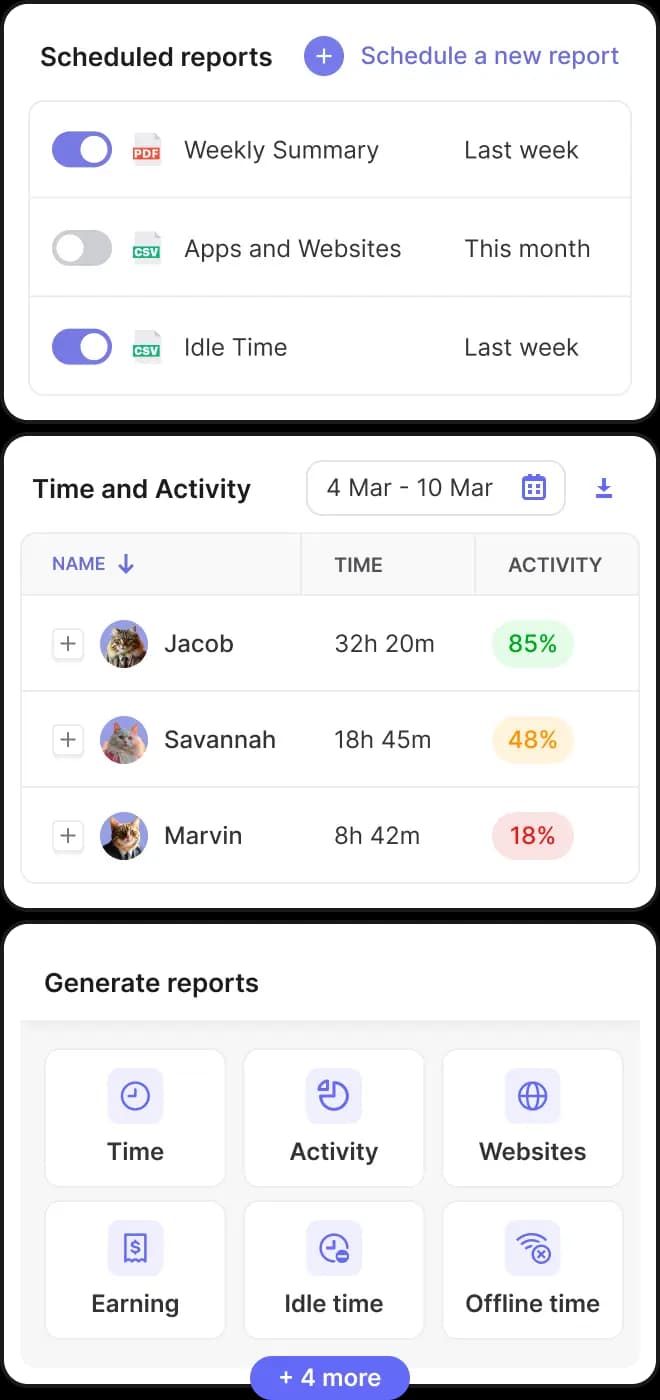 Generate detailed reports and track time by project or team member. Perfect for accurate billing and managing unlimited projects with ease.